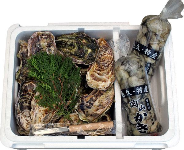 かきセットF(3年畜養Lサイズ殻付きカキ7リットル+むき身500g×2袋)